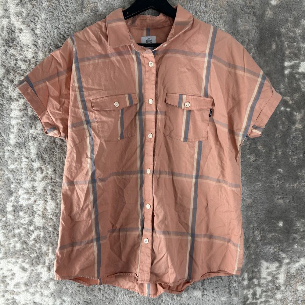 Flylow Size XL Checker Casual Button Top Pink Short Sleeve Collar Cotton